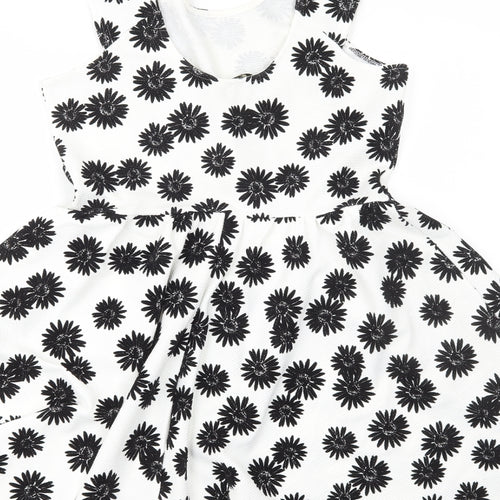 Miss Selfridge Womens White Floral Polyester Skater Dress Size 14 Scoop Neck Pullover