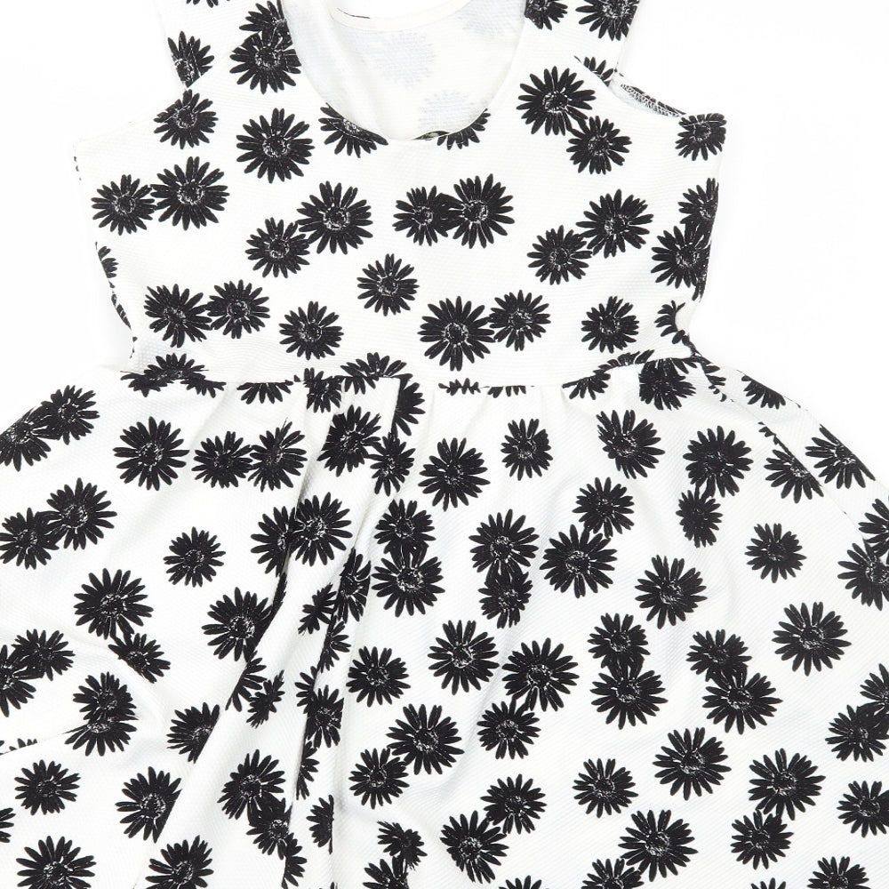 Miss Selfridge Womens White Floral Polyester Skater Dress Size 14 Scoop Neck Pullover