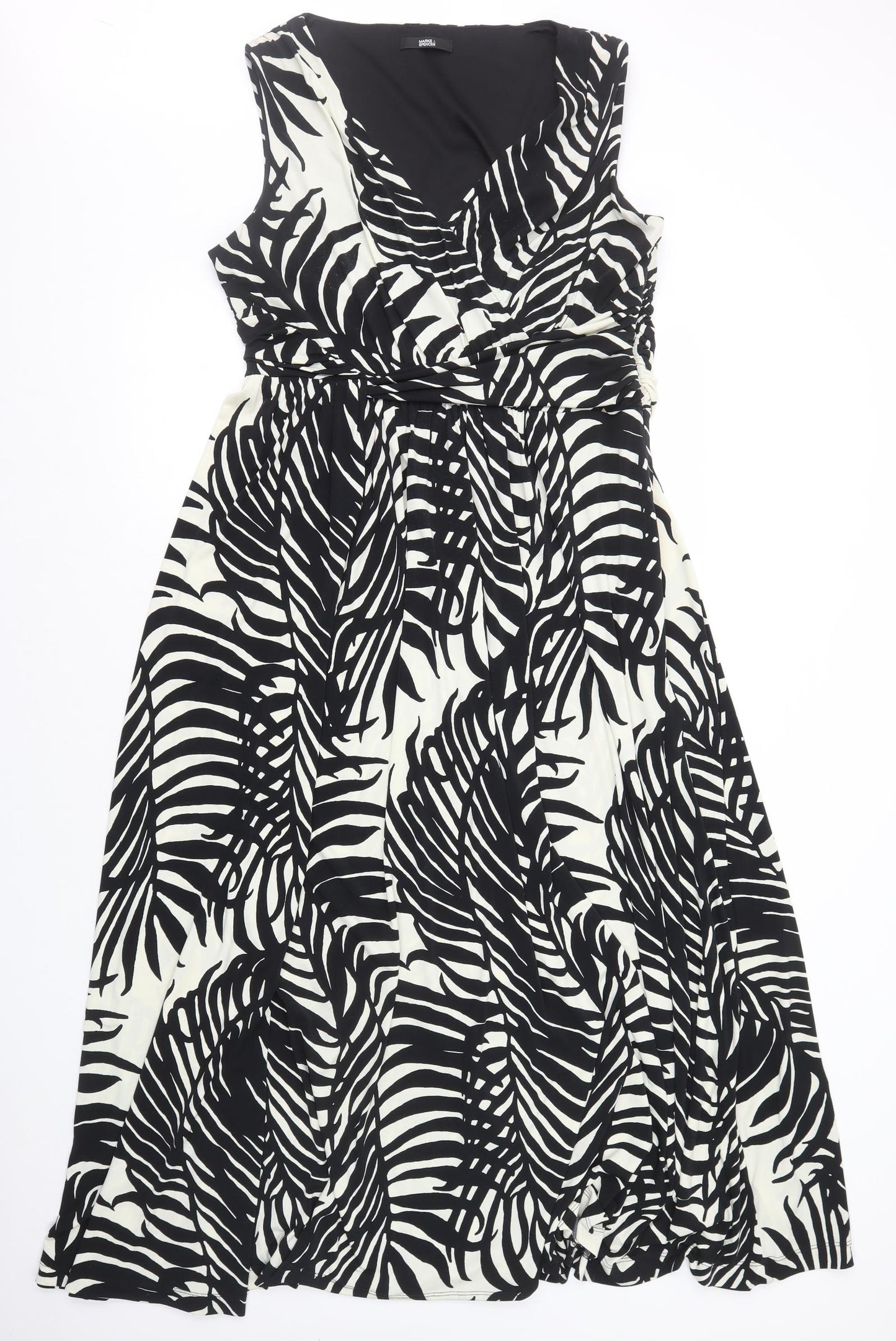 Marks and Spencer Womens Black Geometric Polyester A-Line Size 18 V-Neck Zip