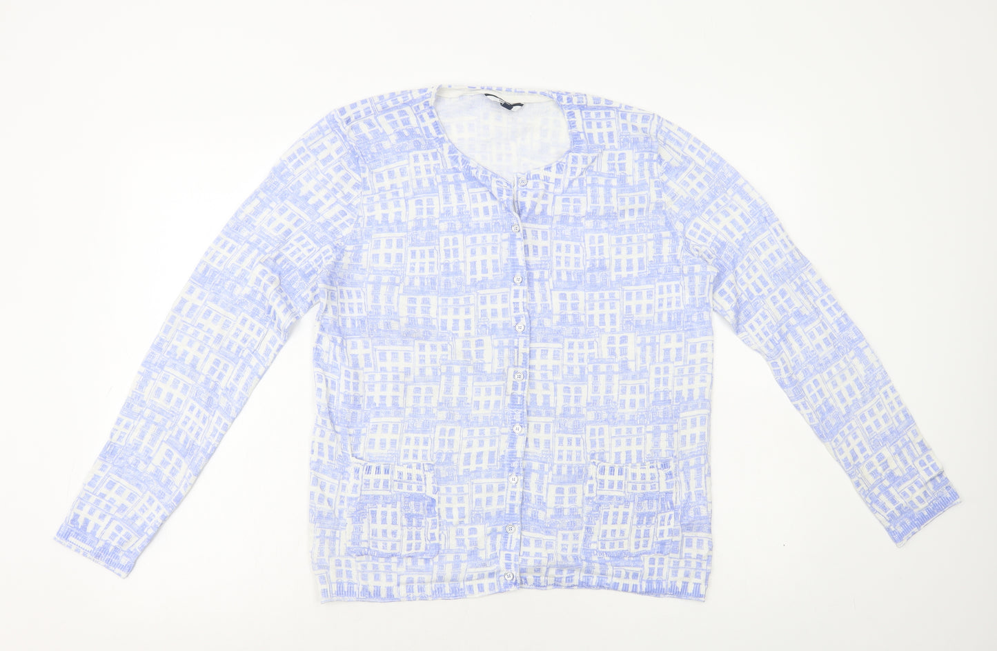 DASH Womens Blue Round Neck Geometric Ramie Cardigan Jumper Size 14