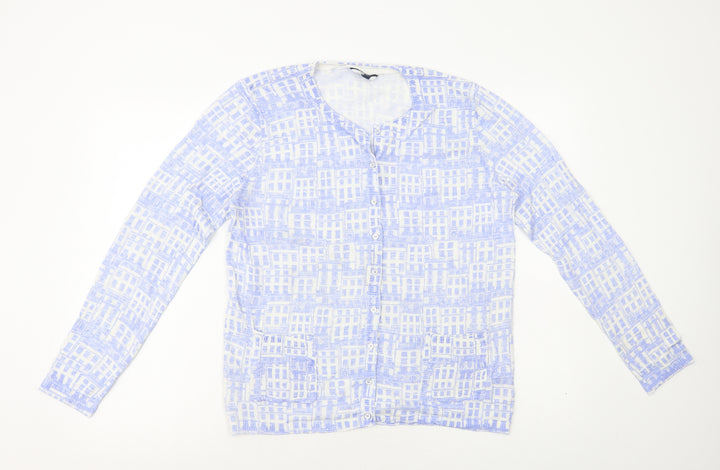 DASH Womens Blue Round Neck Geometric Ramie Cardigan Jumper Size 14