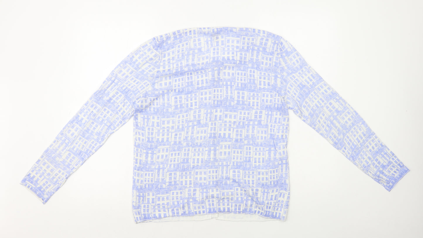 DASH Womens Blue Round Neck Geometric Ramie Cardigan Jumper Size 14