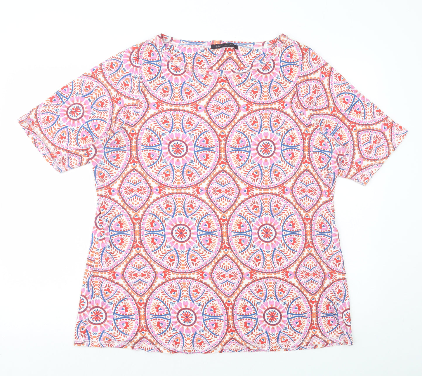 Marks and Spencer Womens Multicoloured Geometric 100% Cotton Basic T-Shirt Size 24 Round Neck
