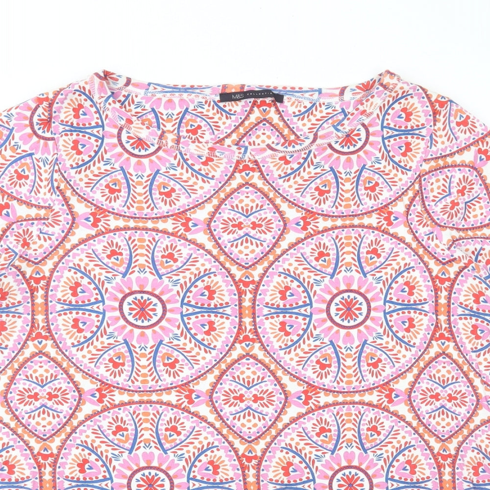 Marks and Spencer Womens Multicoloured Geometric 100% Cotton Basic T-Shirt Size 24 Round Neck