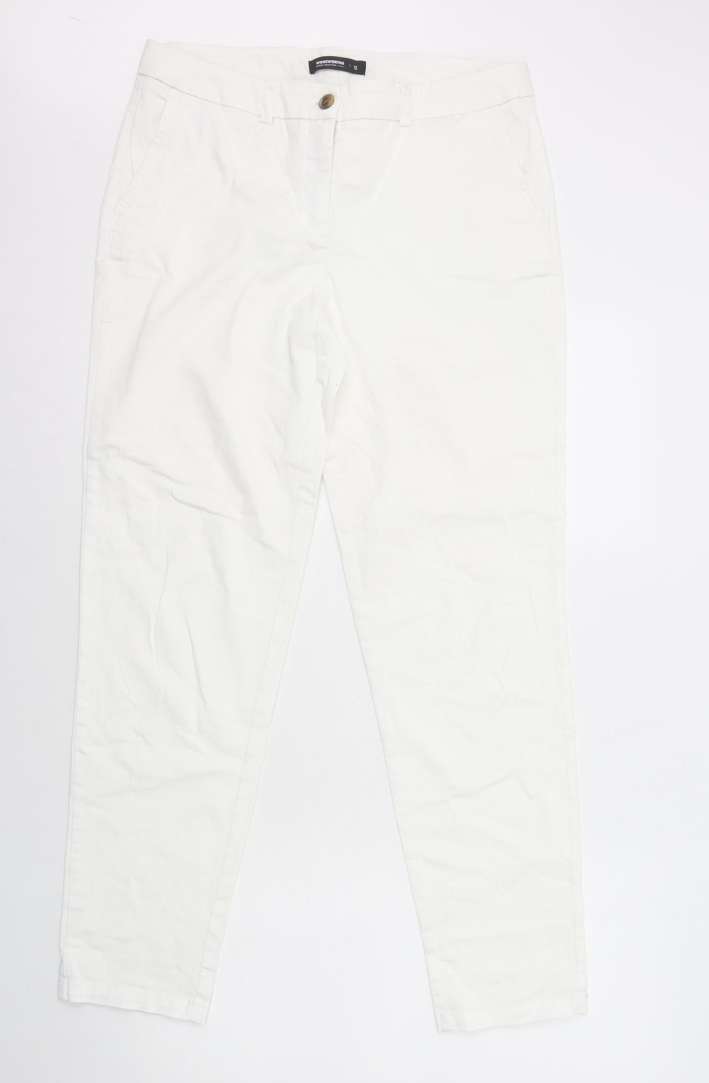 Woolworths Womens White Cotton Chino Trousers Size 12 L30 in Regular Zip