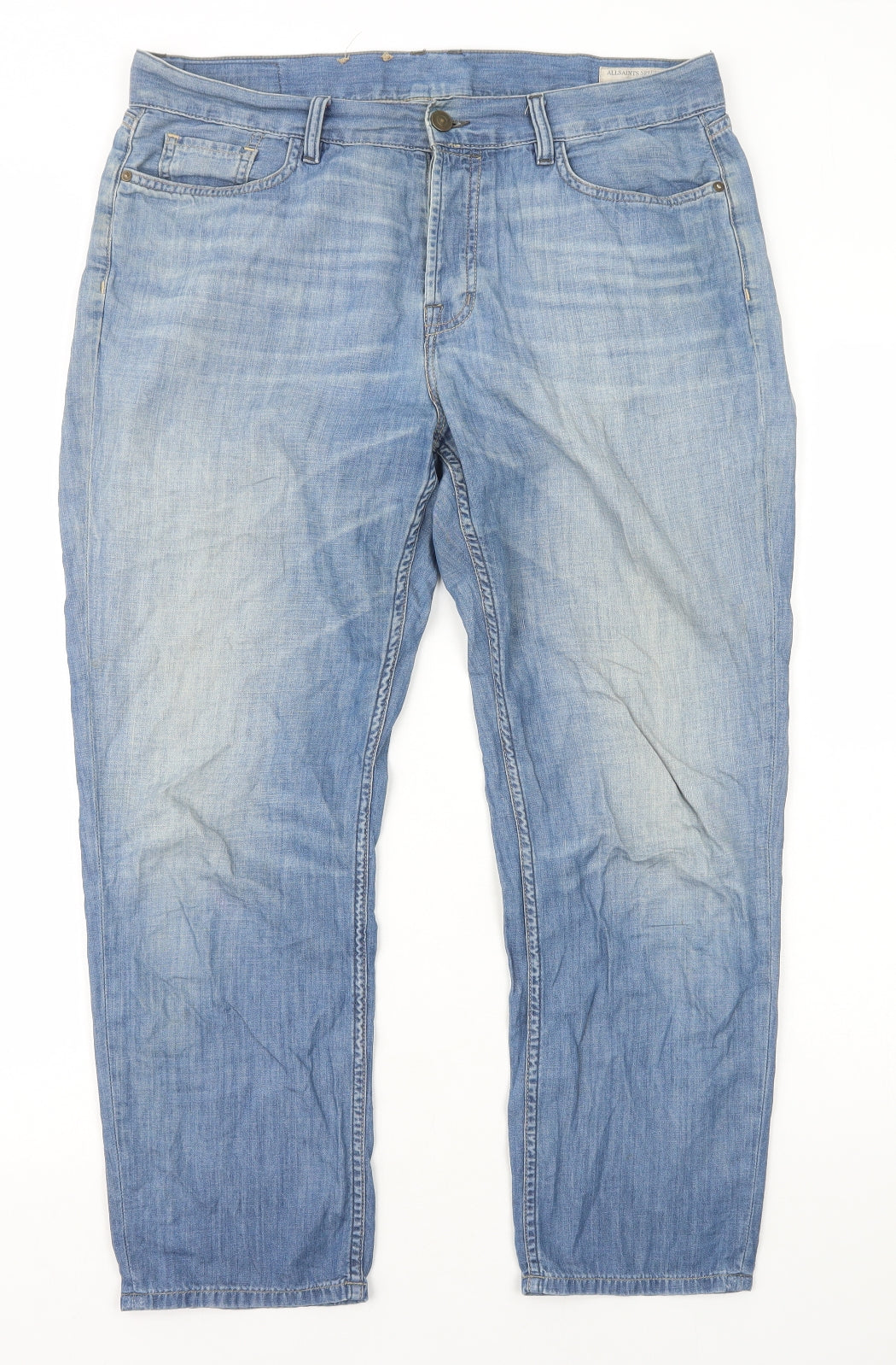 AllSaints Womens Blue Cotton Straight Jeans Size 14 L25 in Regular Button