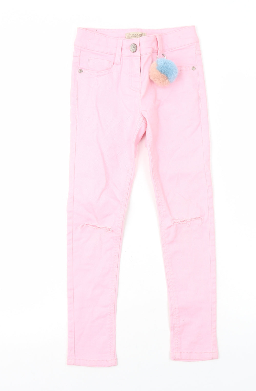 NEXT Girls Pink Cotton Skinny Jeans Size 8 Years L23 in Regular Zip - Knee Rips Pom Pom