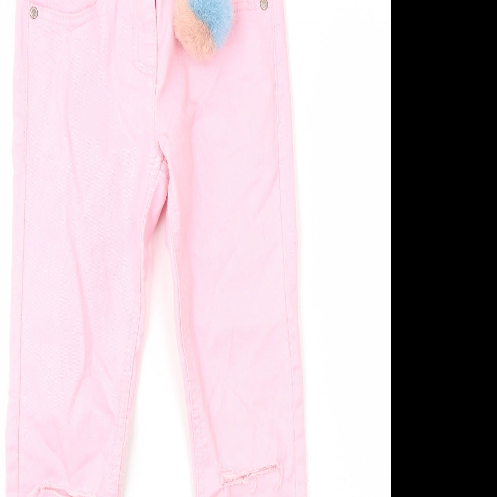 NEXT Girls Pink Cotton Skinny Jeans Size 8 Years L23 in Regular Zip - Knee Rips Pom Pom