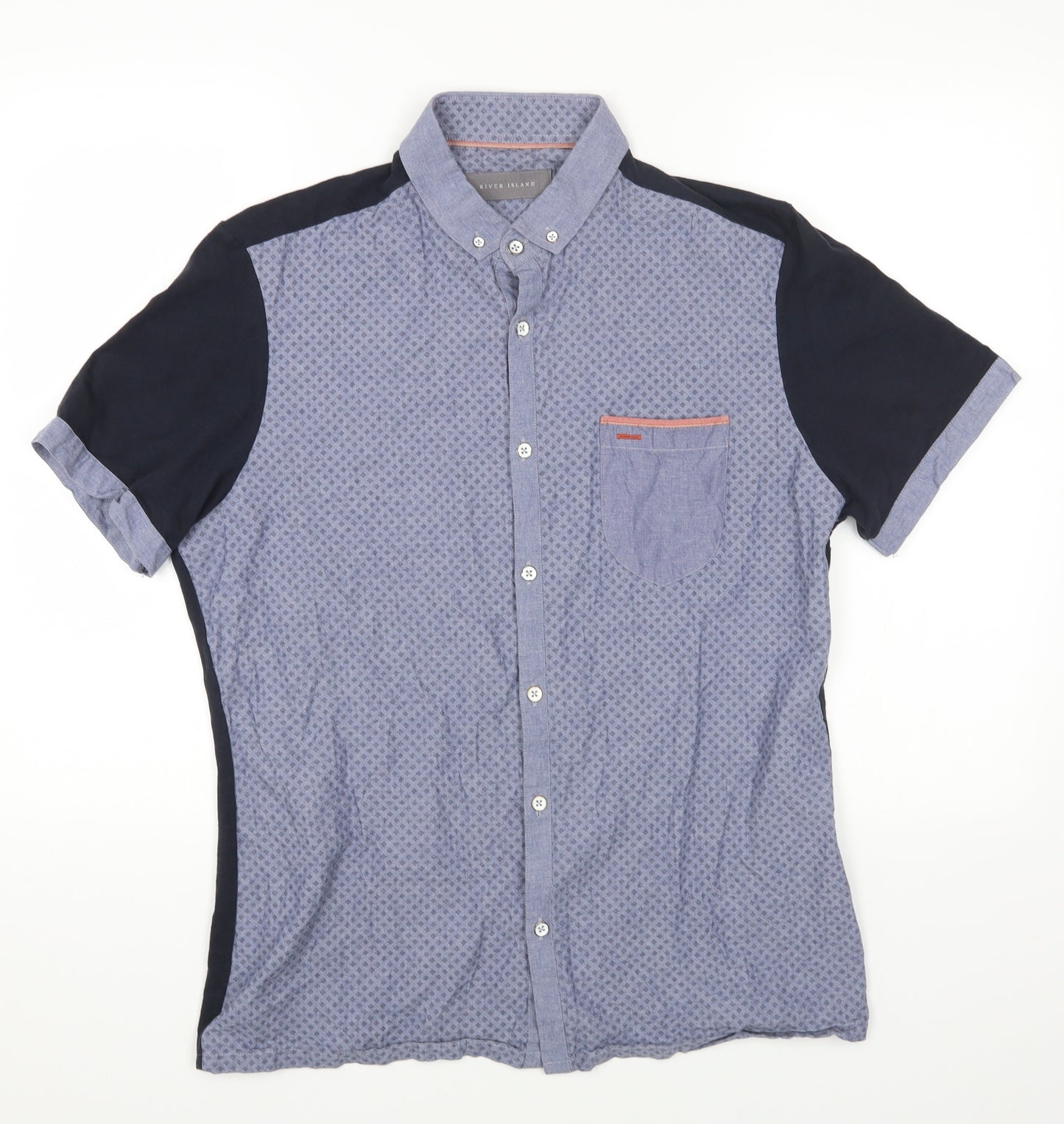 River Island Mens Blue Geometric Cotton Button-Up Size L Collared Button