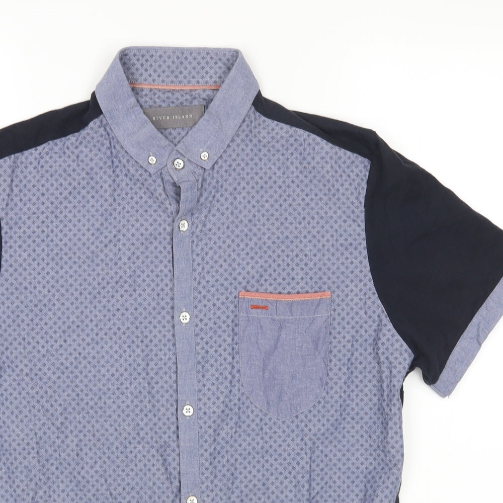River Island Mens Blue Geometric Cotton Button-Up Size L Collared Button