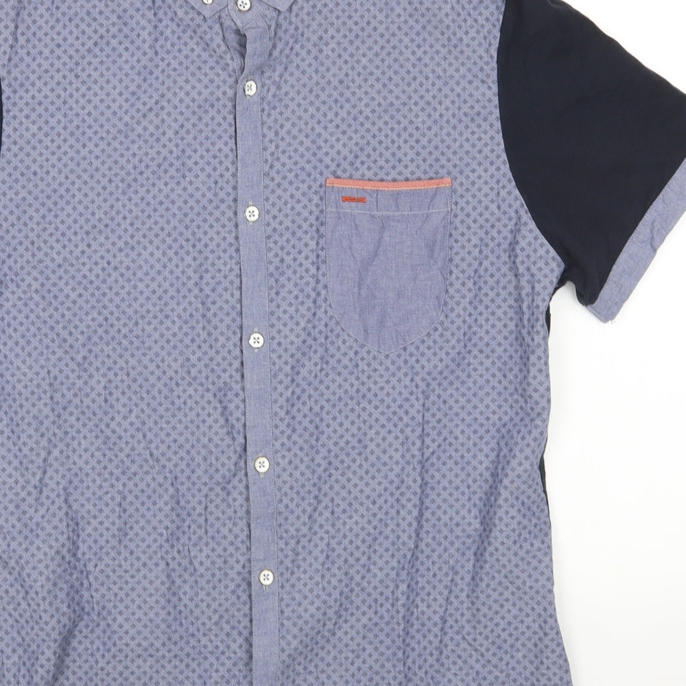 River Island Mens Blue Geometric Cotton Button-Up Size L Collared Button