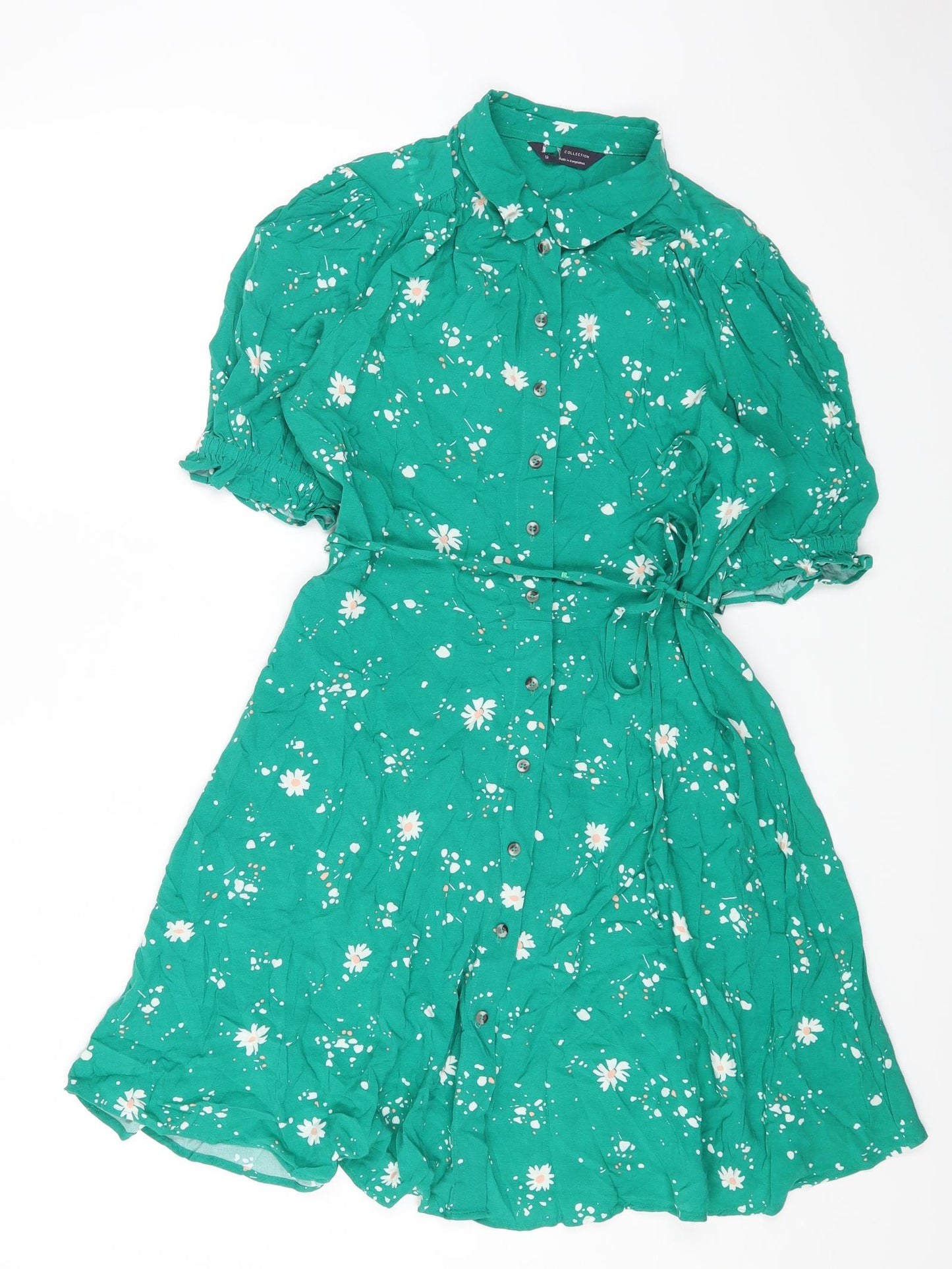 Marks and Spencer Womens Green Floral Viscose A-Line Size 12 Collared Button
