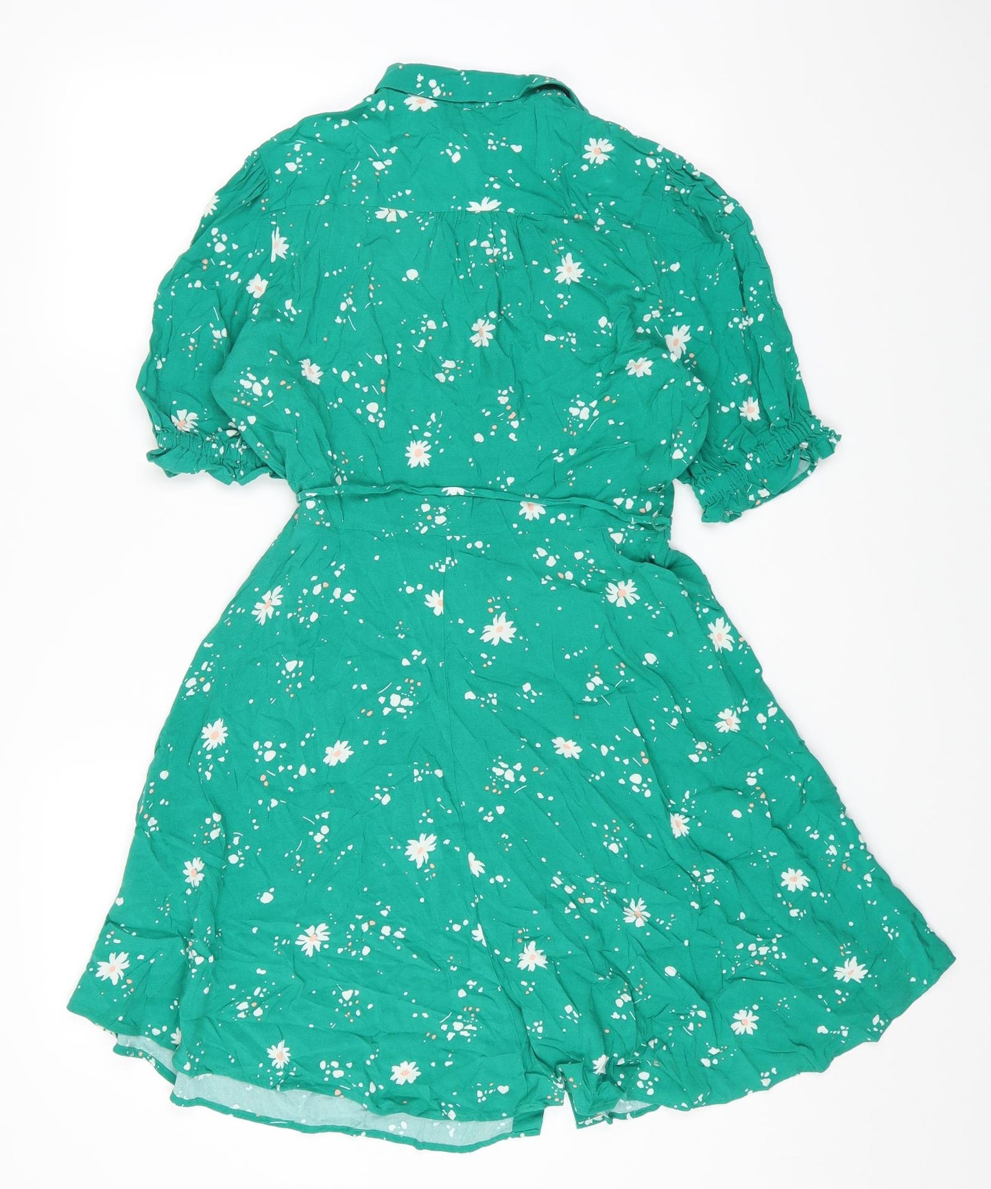 Marks and Spencer Womens Green Floral Viscose A-Line Size 12 Collared Button