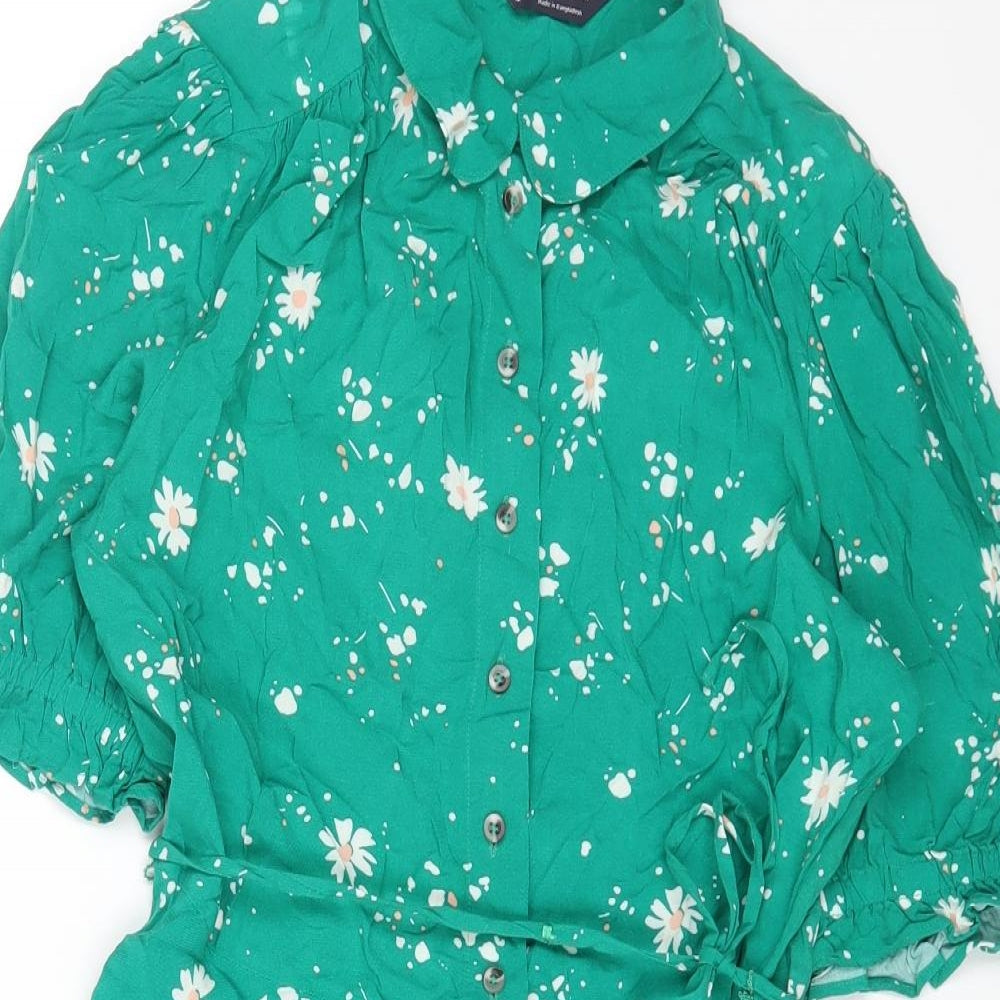 Marks and Spencer Womens Green Floral Viscose A-Line Size 12 Collared Button