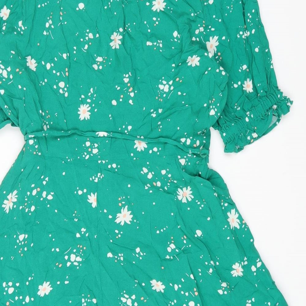Marks and Spencer Womens Green Floral Viscose A-Line Size 12 Collared Button