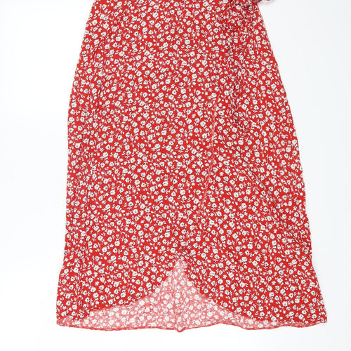 New Look Womens Red Floral Viscose Wrap Skirt Size 10 Tie