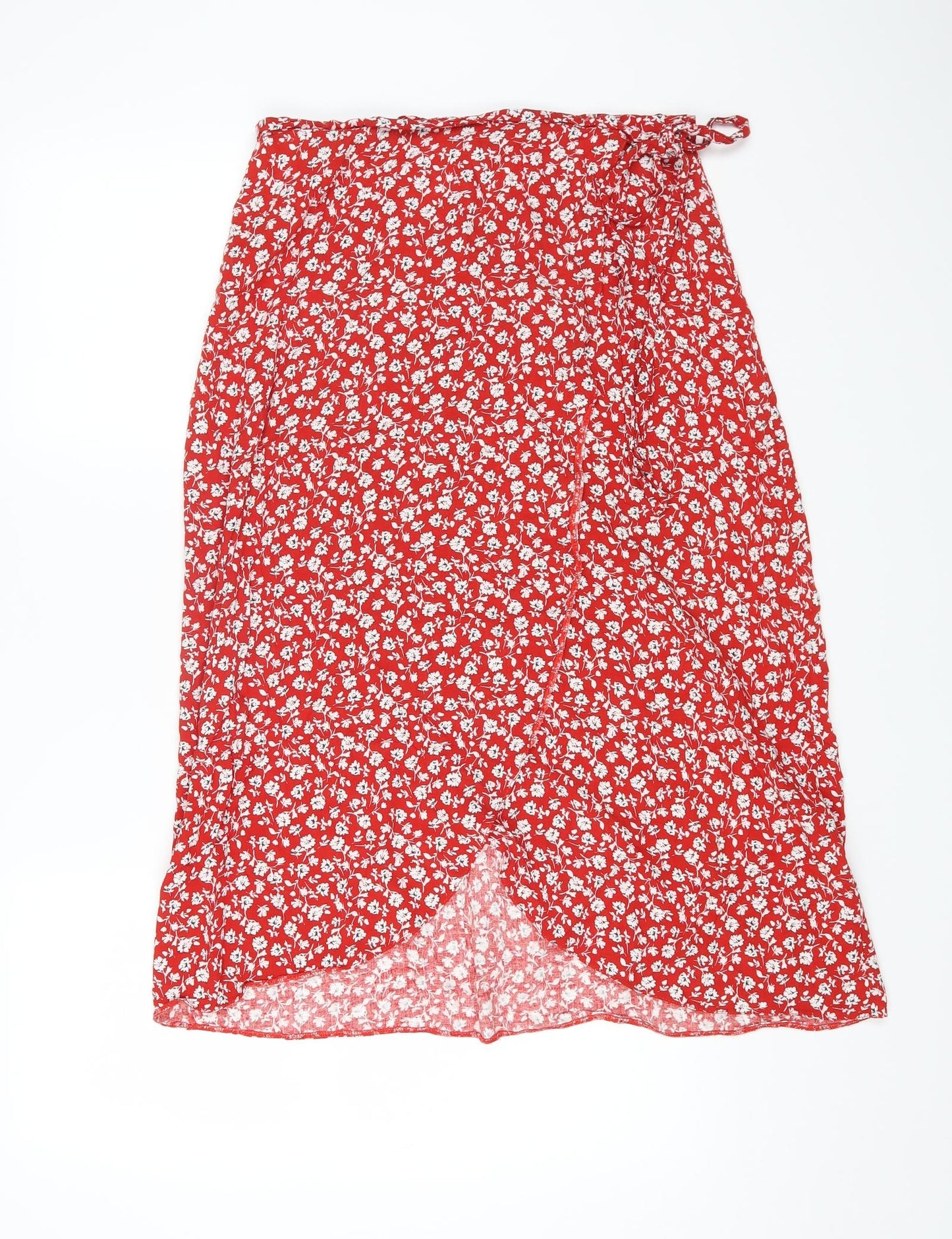 New Look Womens Red Floral Viscose Wrap Skirt Size 10 Tie