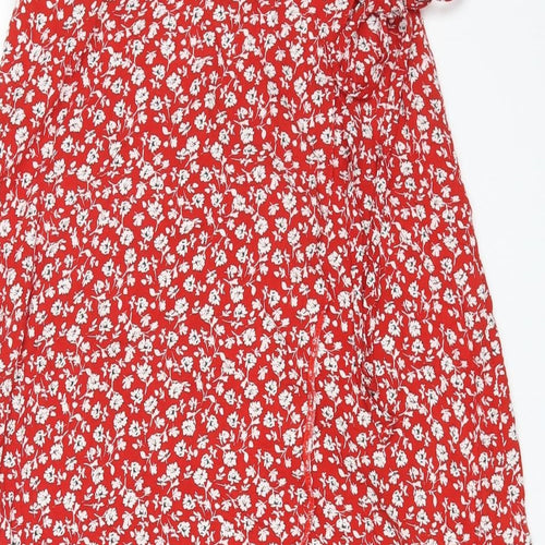 New Look Womens Red Floral Viscose Wrap Skirt Size 10 Tie