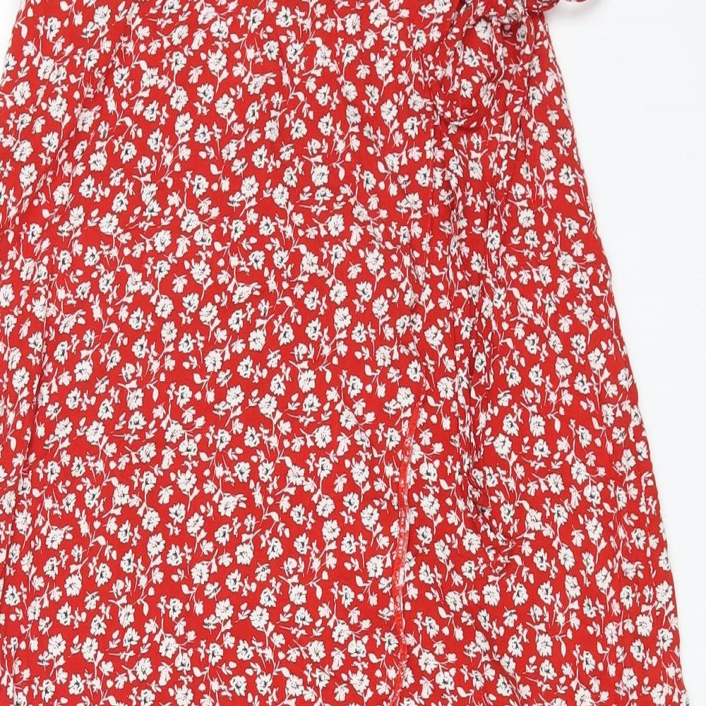 New Look Womens Red Floral Viscose Wrap Skirt Size 10 Tie