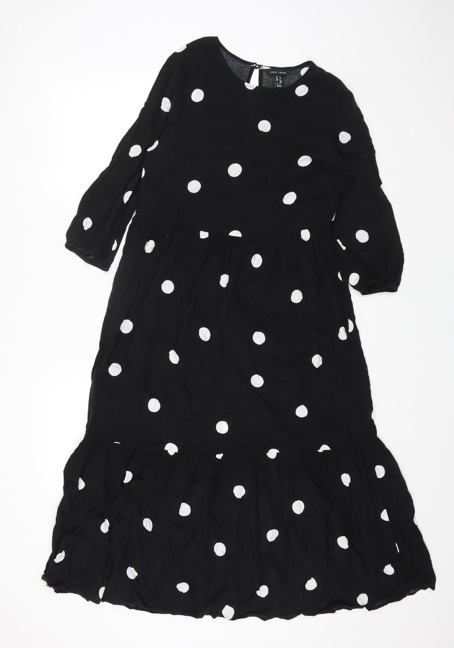 New Look Womens Black Polka Dot Viscose A-Line Size 8 Round Neck Button