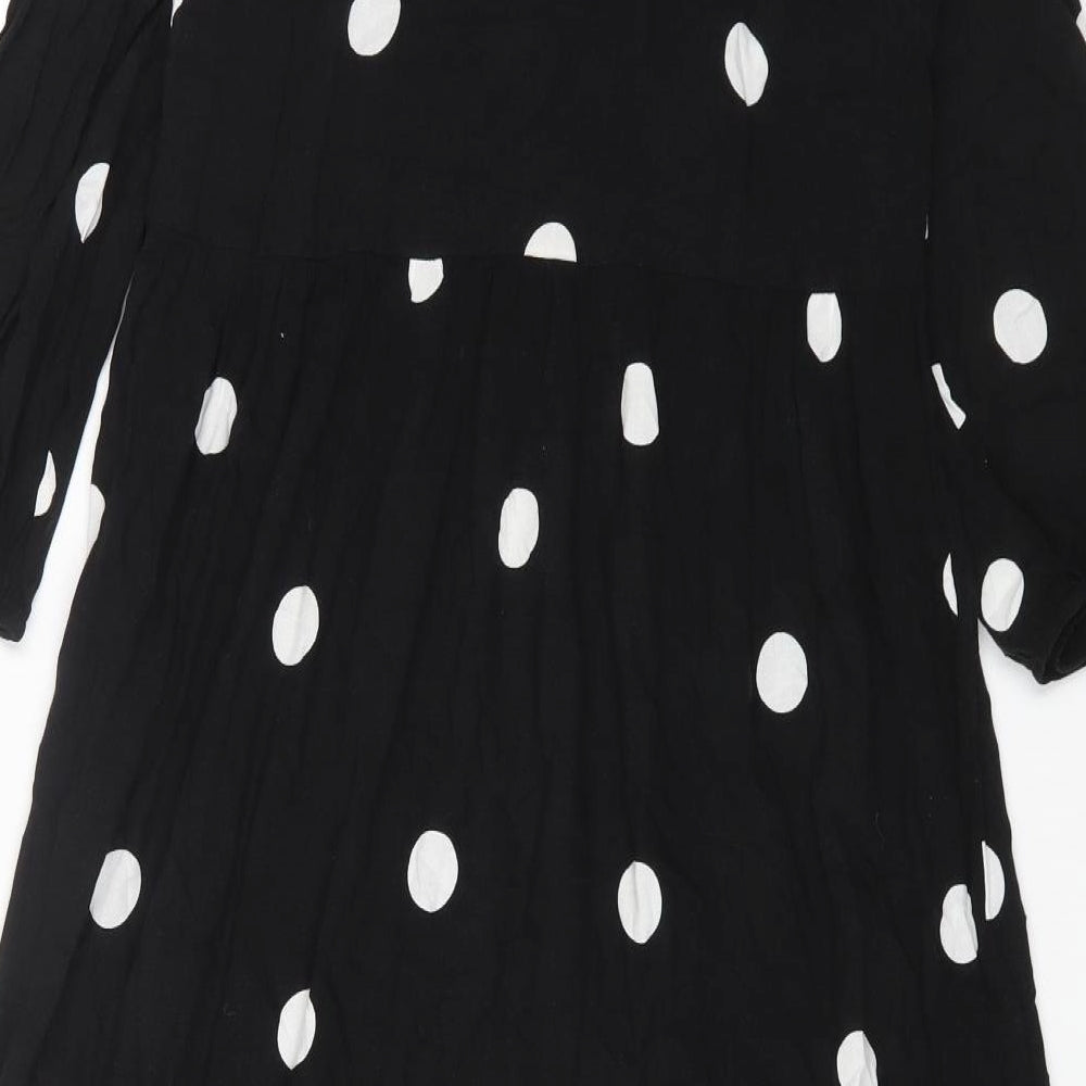 New Look Womens Black Polka Dot Viscose A-Line Size 8 Round Neck Button