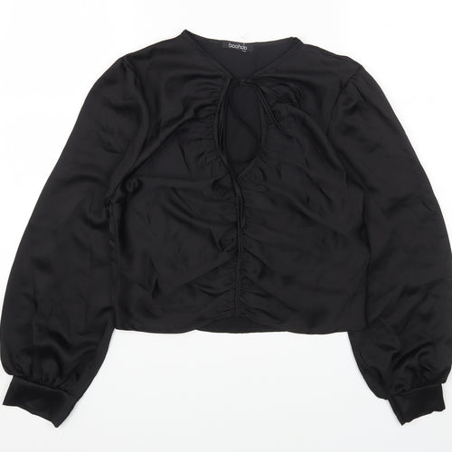 Boohoo Womens Black Polyester Cropped T-Shirt Size 12 Round Neck