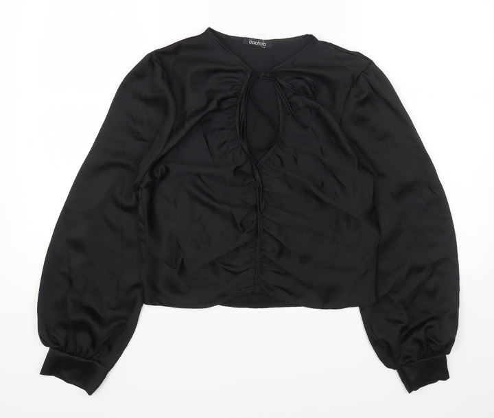 Boohoo Womens Black Polyester Cropped T-Shirt Size 12 Round Neck