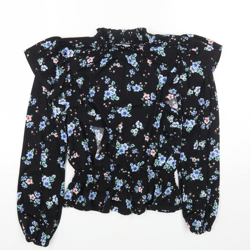 Dorothy Perkins Womens Black Floral Polyester Cropped T-Shirt Size 10 Mock Neck