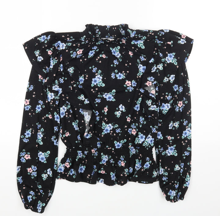 Dorothy Perkins Womens Black Floral Polyester Cropped T-Shirt Size 10 Mock Neck