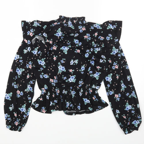 Dorothy Perkins Womens Black Floral Polyester Cropped T-Shirt Size 10 Mock Neck
