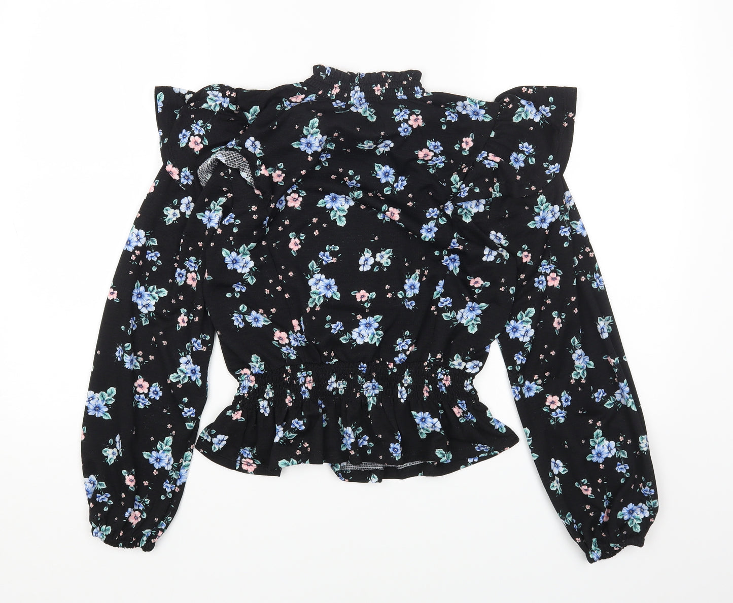 Dorothy Perkins Womens Black Floral Polyester Cropped T-Shirt Size 10 Mock Neck