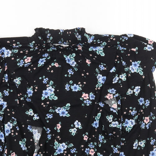 Dorothy Perkins Womens Black Floral Polyester Cropped T-Shirt Size 10 Mock Neck
