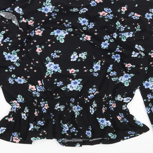 Dorothy Perkins Womens Black Floral Polyester Cropped T-Shirt Size 10 Mock Neck