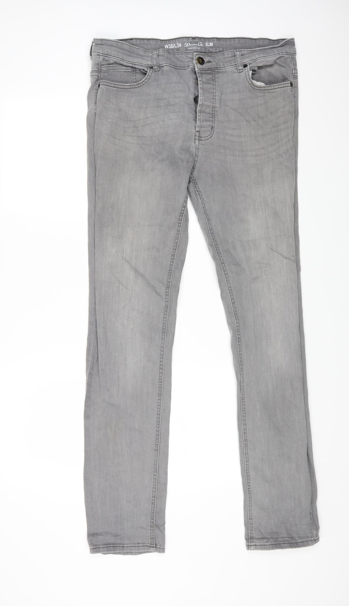 Denim & Co. Mens Grey Cotton Straight Jeans Size 36 in L34 in Regular Button