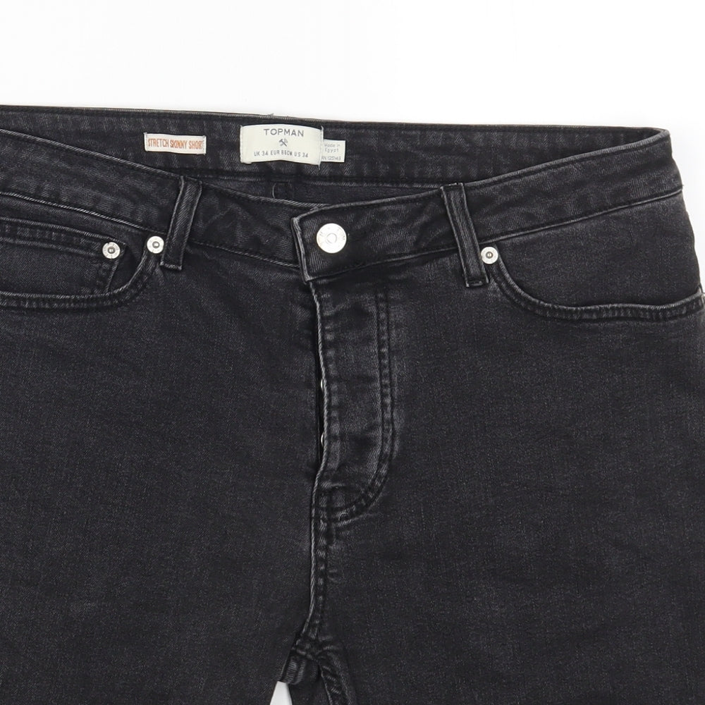 Topman Mens Black Cotton Biker Shorts Size 34 in L10 in Regular Button