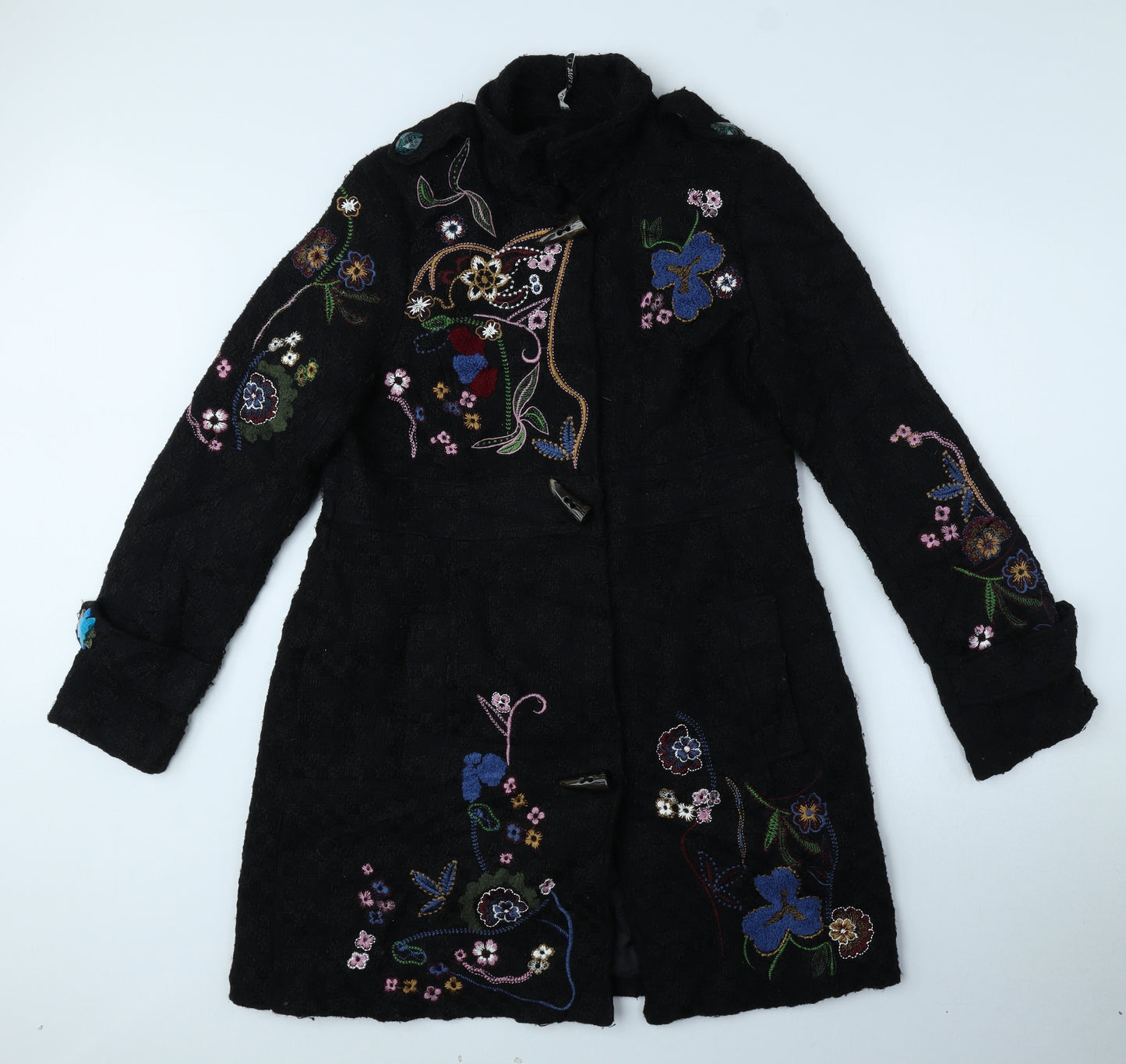 Love & Love Womens Black Floral Pea Coat Coat Size XL Snap - Coloured Flowers, Size XL-XXL, Toggle