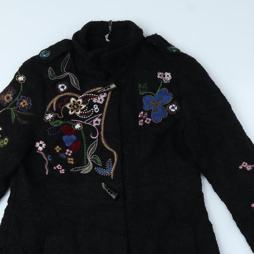 Love & Love Womens Black Floral Pea Coat Coat Size XL Snap - Coloured Flowers, Size XL-XXL, Toggle