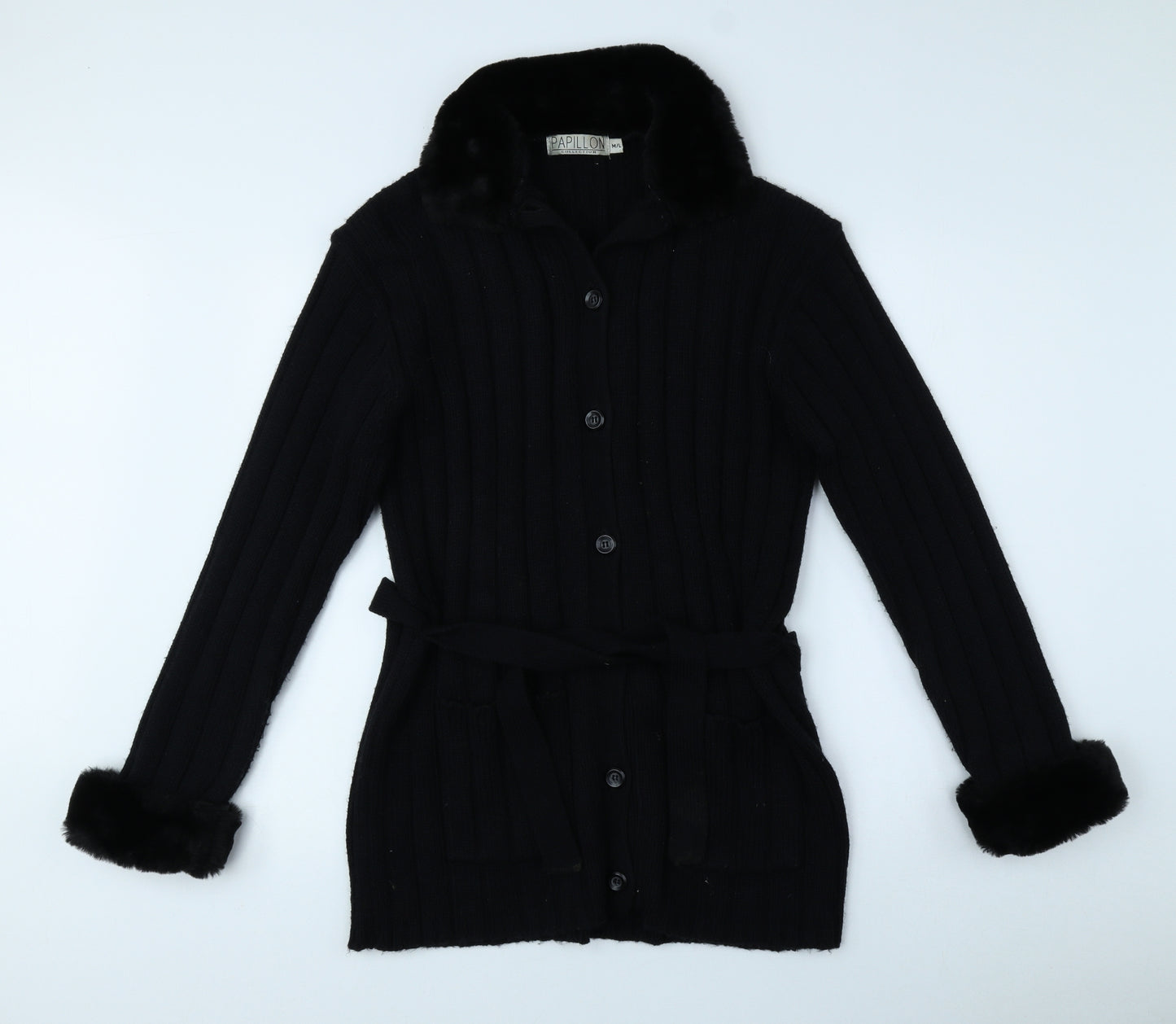 Papillon Womens Black Collared Acrylic Cardigan Jumper Size M - Size M-L