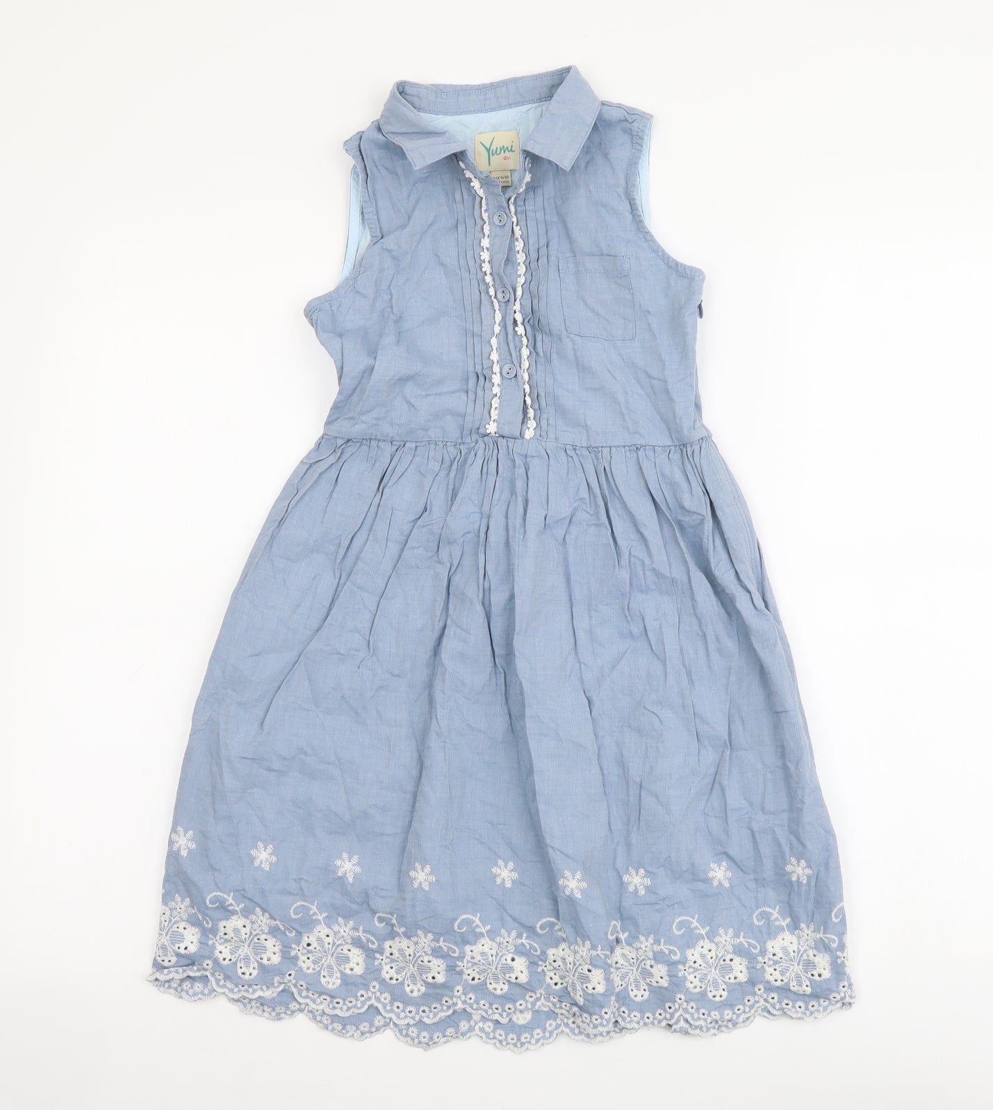 Yumi Girls Blue Cotton Shirt Dress Size 9-10 Years Collared Button