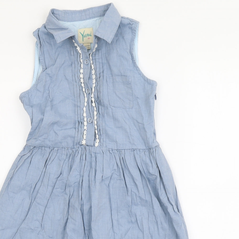 Yumi Girls Blue Cotton Shirt Dress Size 9-10 Years Collared Button