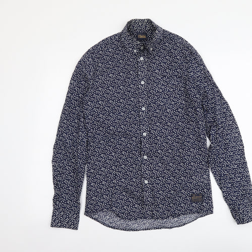 Solid Womens Blue Geometric Cotton Basic Button-Up Size S Collared