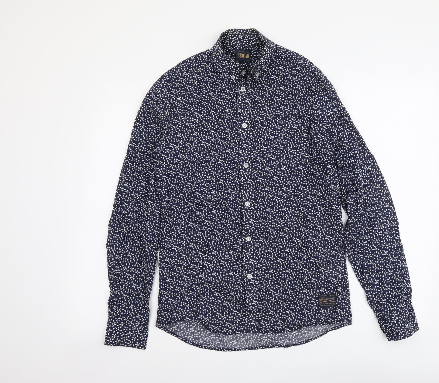 Solid Womens Blue Geometric Cotton Basic Button-Up Size S Collared