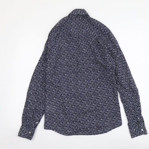Solid Womens Blue Geometric Cotton Basic Button-Up Size S Collared