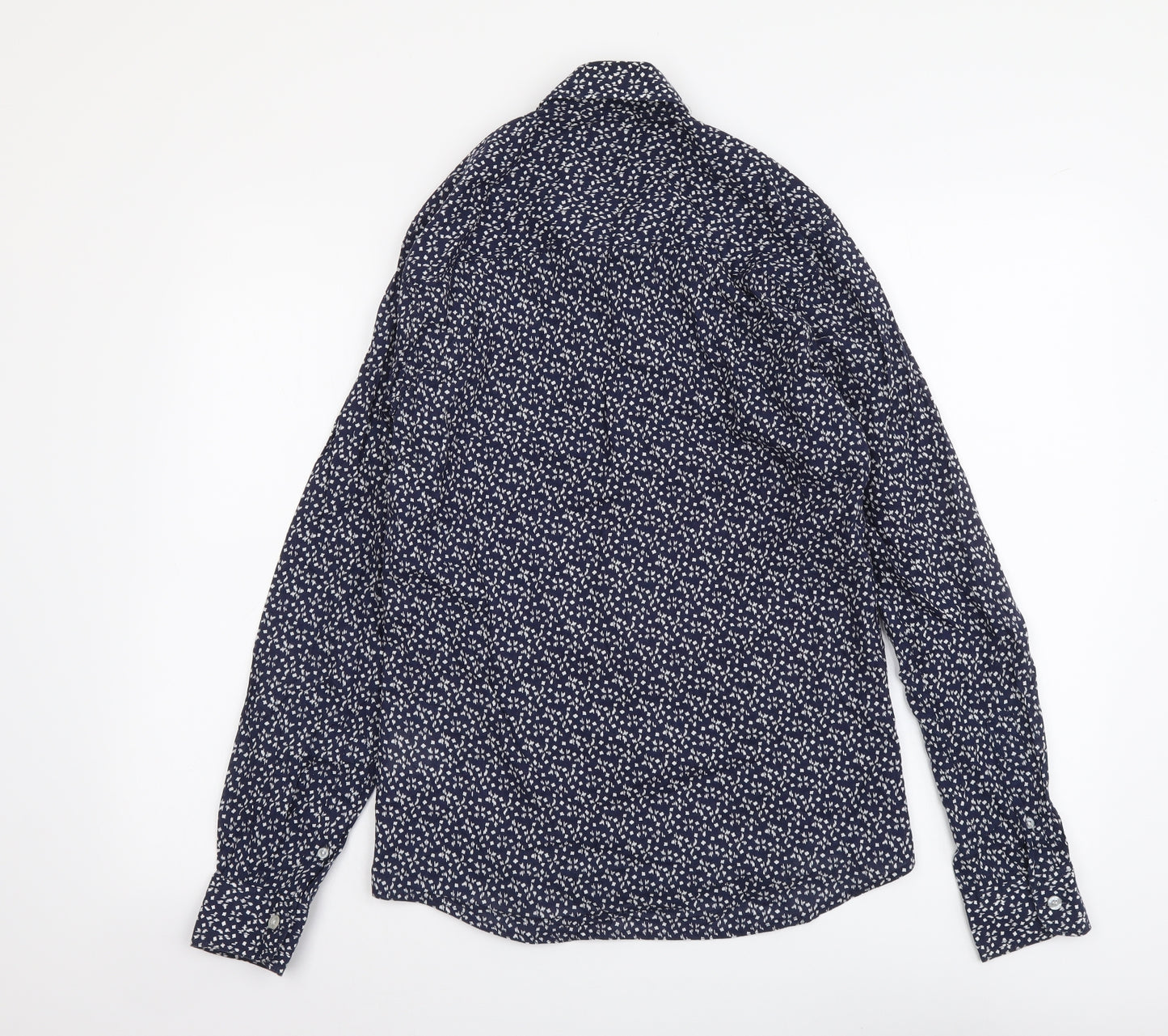 Solid Womens Blue Geometric Cotton Basic Button-Up Size S Collared