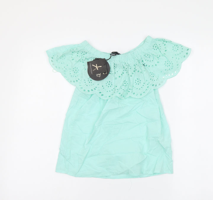 Atmosphere Womens Blue Cotton Basic Blouse Size 4 Off the Shoulder - Crochet Neckline