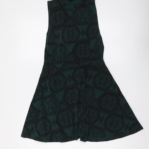 Topshop Womens Green Geometric Cotton A-Line Size 10 Mock Neck Pullover
