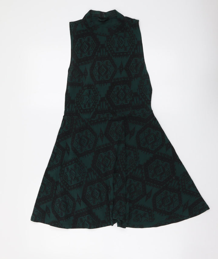 Topshop Womens Green Geometric Cotton A-Line Size 10 Mock Neck Pullover
