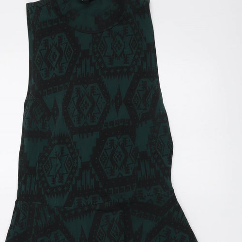 Topshop Womens Green Geometric Cotton A-Line Size 10 Mock Neck Pullover