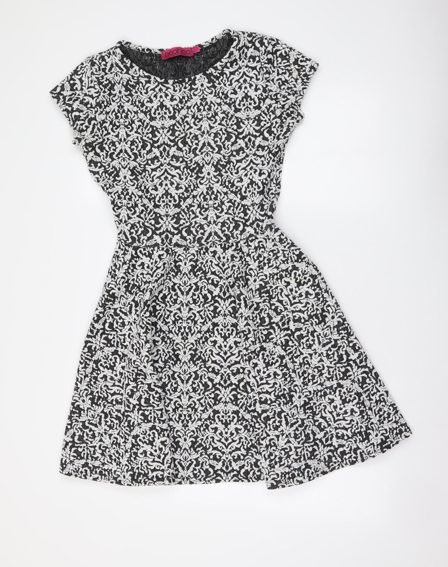 Boohoo Womens Black Geometric Polyester Skater Dress Size 10 Round Neck Pullover