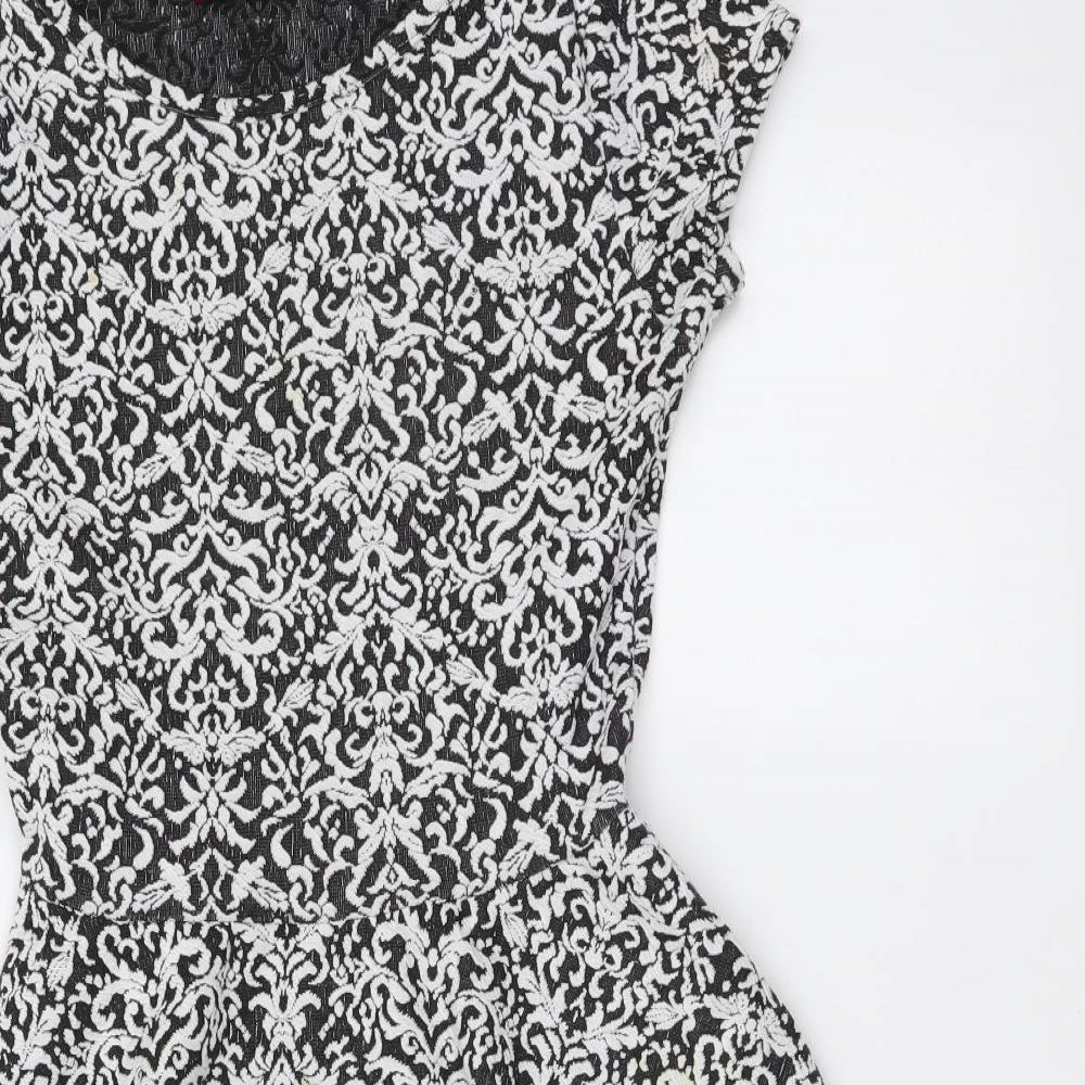 Boohoo Womens Black Geometric Polyester Skater Dress Size 10 Round Neck Pullover